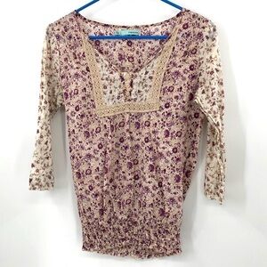 Maurice’s Boho Style Cotton Top Floral Print Lace Detail Flower Buttons Size S